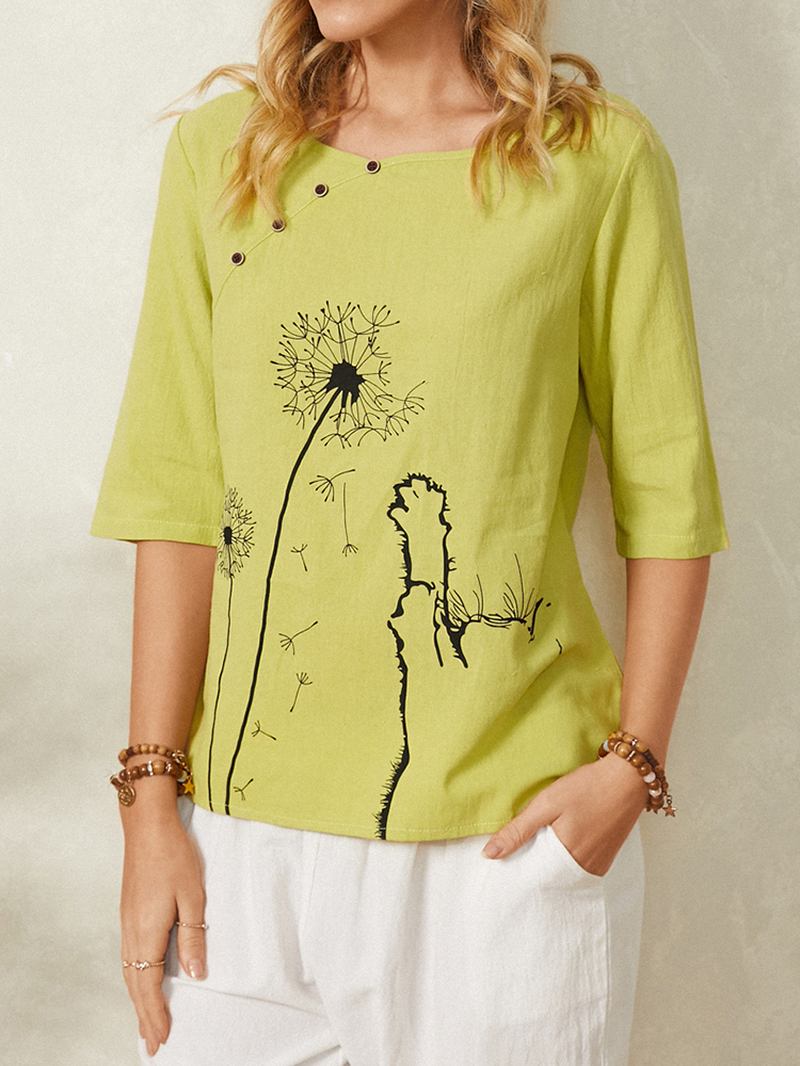 Bomull Calico Tryck O-hals Halvärm Casual T-shirt För Kvinnor