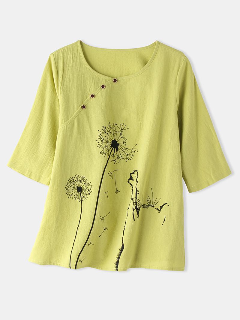 Bomull Calico Tryck O-hals Halvärm Casual T-shirt För Kvinnor