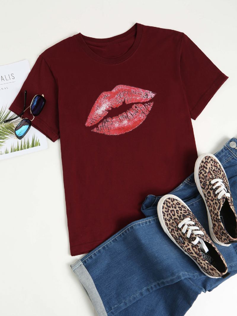 Kvinnor Casual Crew Neck Läppar Med Tryck Kortärmad Basic Tee T-shirts