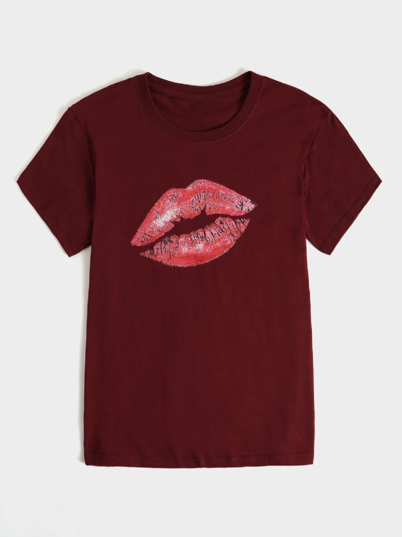 Kvinnor Casual Crew Neck Läppar Med Tryck Kortärmad Basic Tee T-shirts