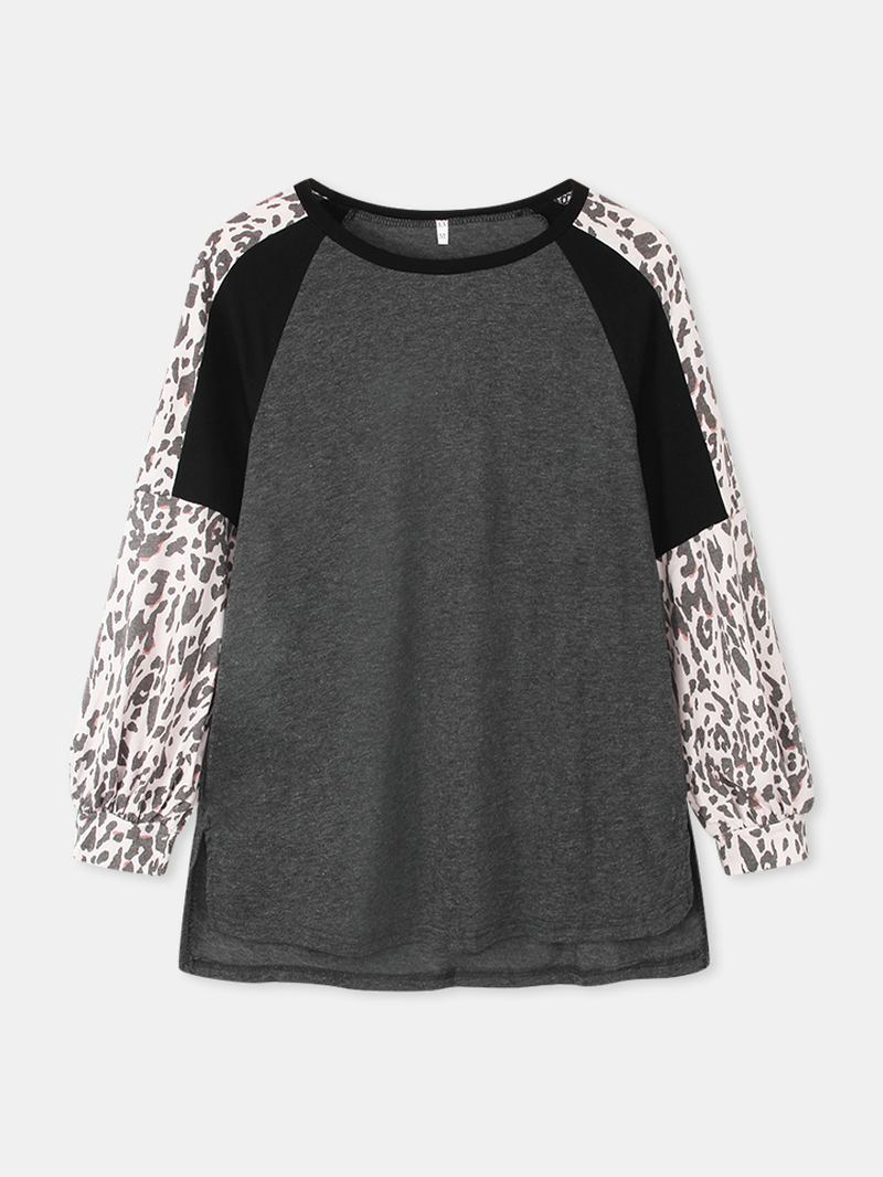 Kvinnor Leopard Raglan Ärmar Patchwork O-hals Casual Lös T-shirt