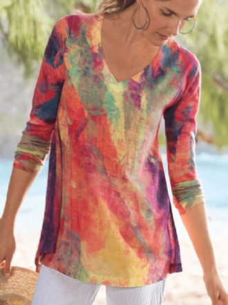 Kvinnor Random Multicolor Med Tryck V-halsad Långärmad Vintage T-shirts