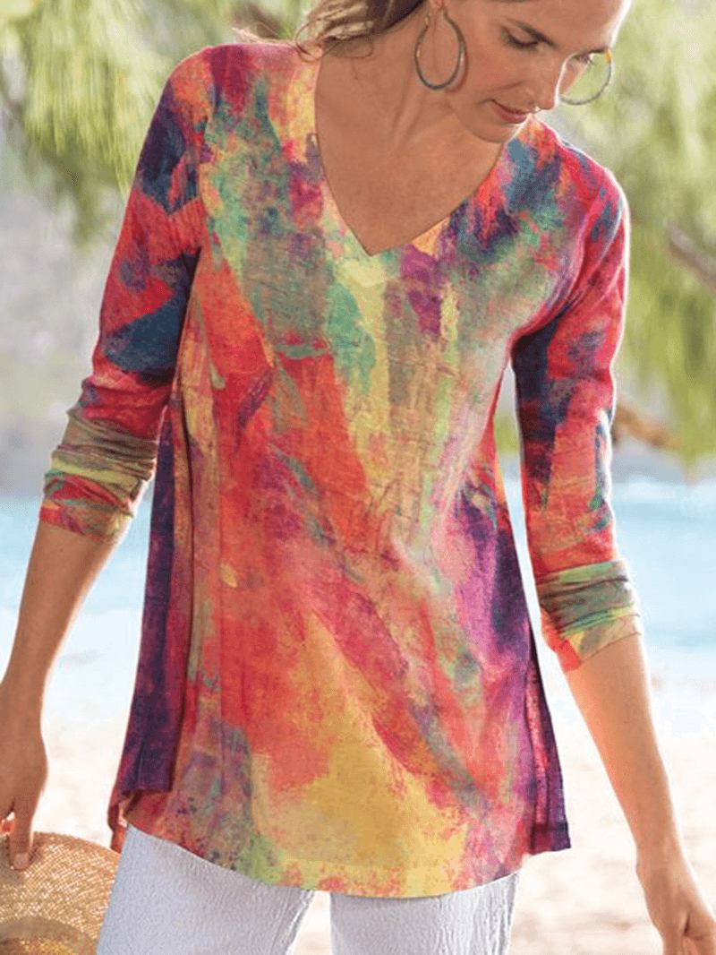 Kvinnor Random Multicolor Med Tryck V-halsad Långärmad Vintage T-shirts