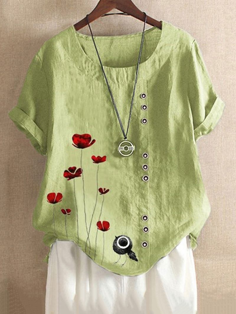 Kvinnor Vintage Röd Blomma Med Tryck Button Casual Lösa T-shirts