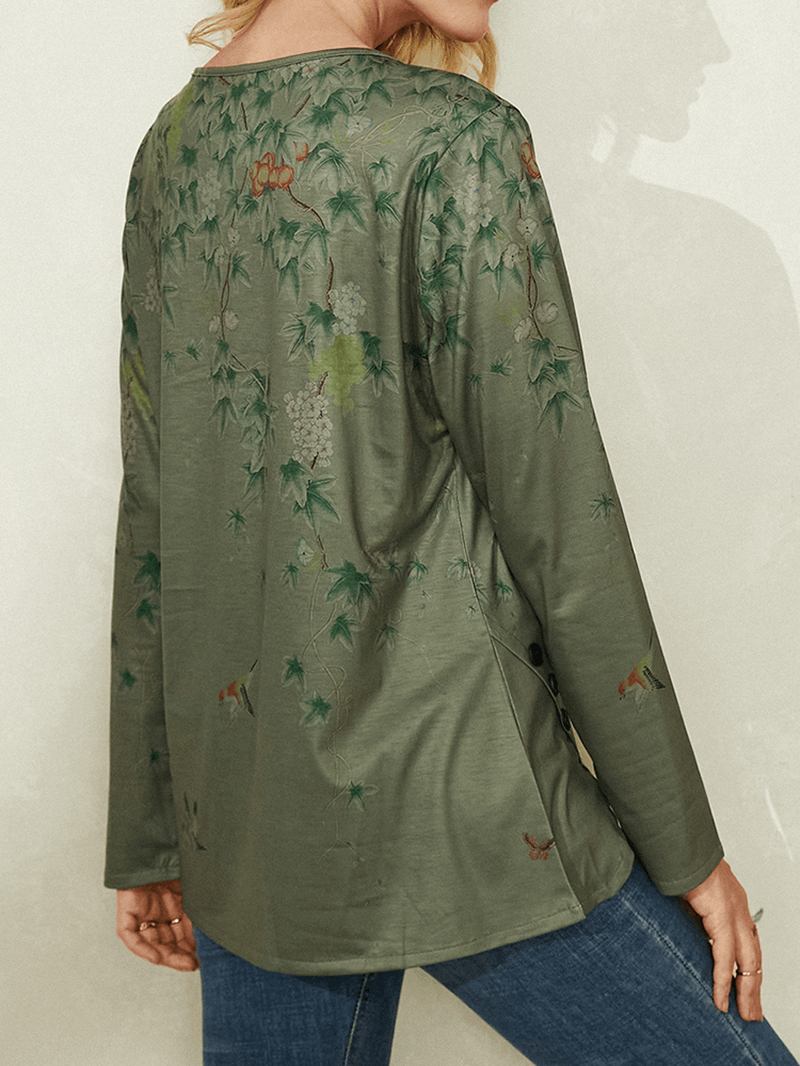 Plants Med Tryck O-hals Långärmad Oregelbunden T-shirt För Kvinnor