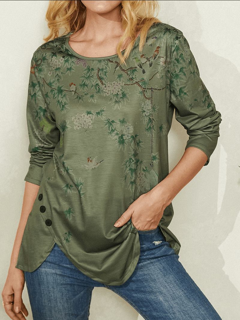Plants Med Tryck O-hals Långärmad Oregelbunden T-shirt För Kvinnor