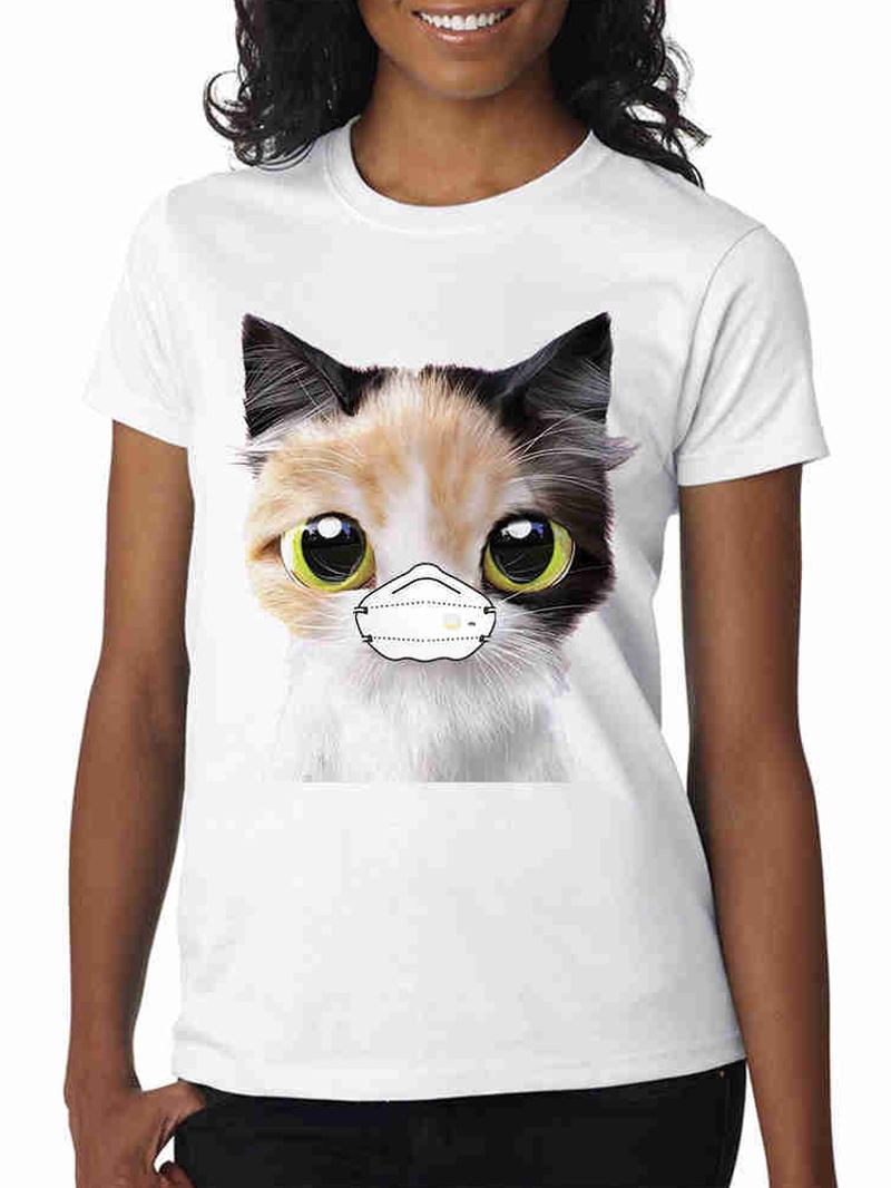 Söta Tecknade Masker Katttryck Sommar Kortärmade Casual T-shirts