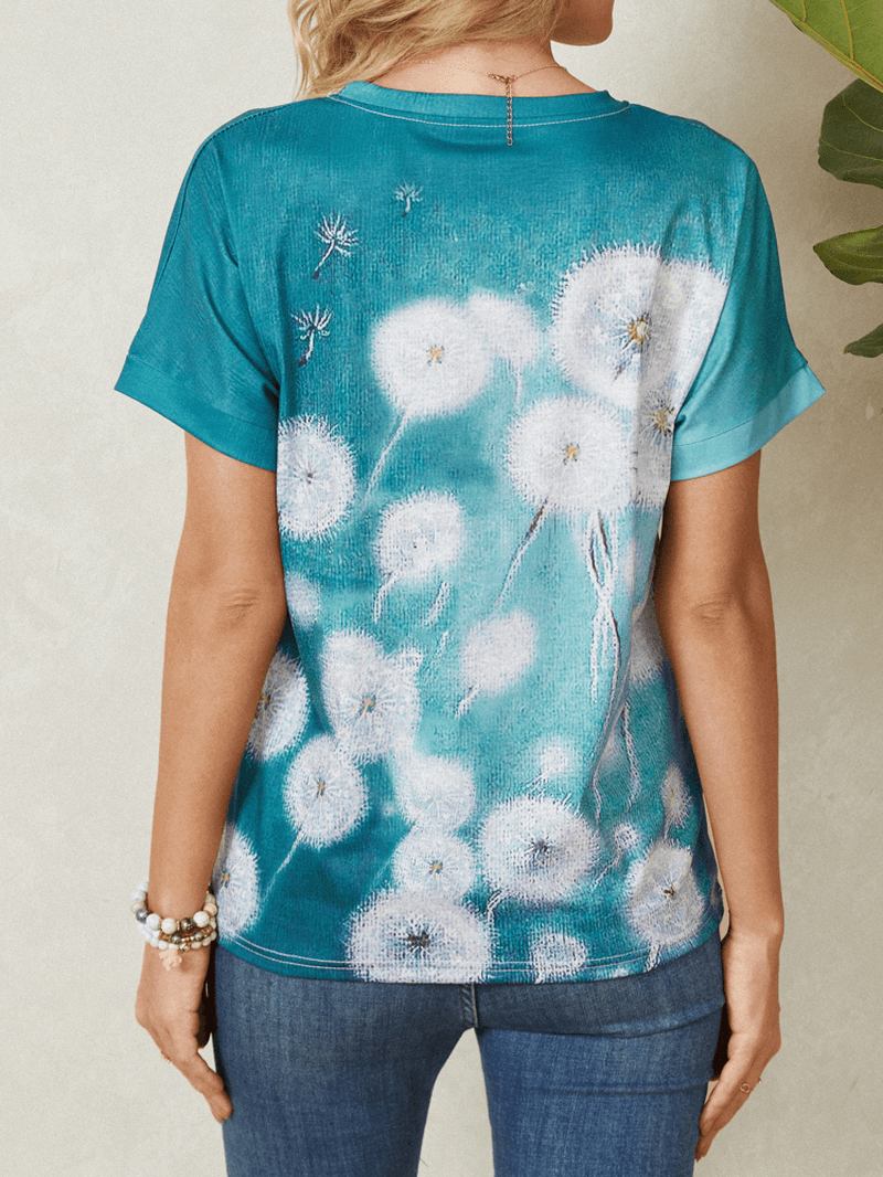 Tecknad Blomma Katttryck Kortärmad O-hals Avslappnad T-shirt