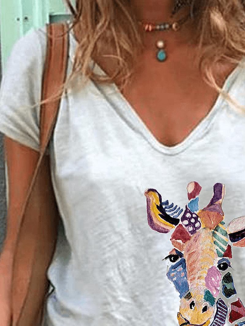 Tecknad Giraffe Animal Med Tryck V-halsad Kortärmad Lös T-shirt För Kvinnor