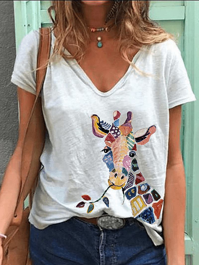 Tecknad Giraffe Animal Med Tryck V-halsad Kortärmad Lös T-shirt För Kvinnor