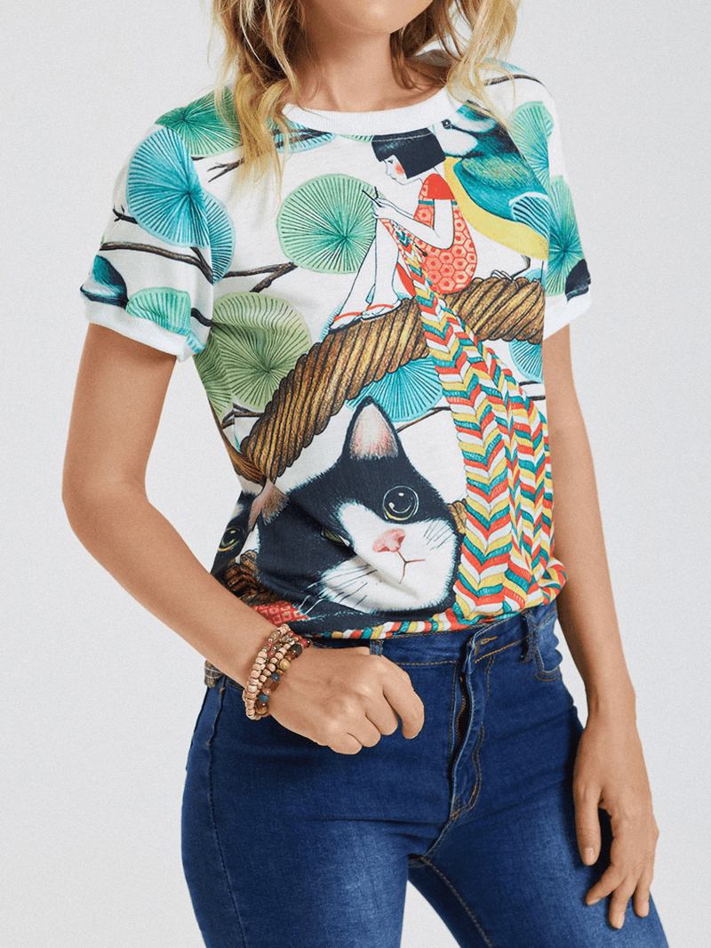 Tecknad Katt Girl Med Tryck O-hals Kortärmad Casual T-shirt För Kvinnor