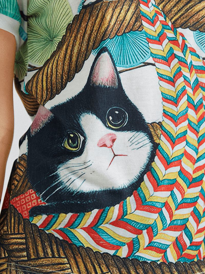 Tecknad Katt Girl Med Tryck O-hals Kortärmad Casual T-shirt För Kvinnor