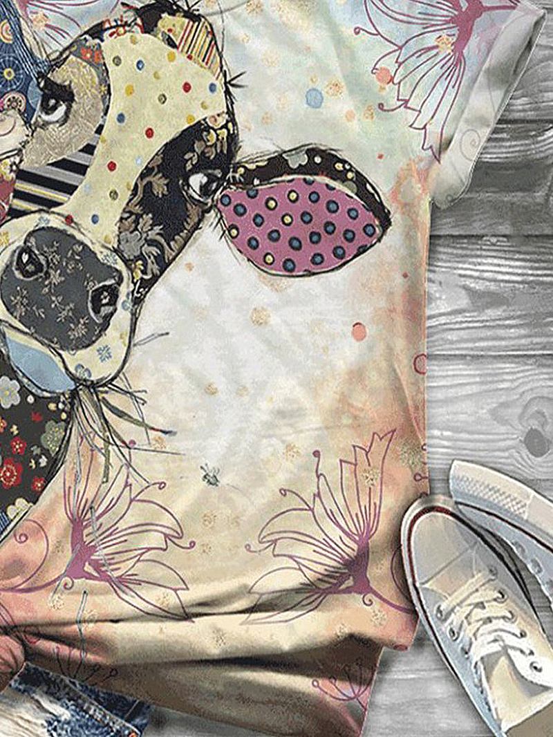 Tecknat Djur Girafftryck Roliga O-halsade Kortärmade Kvinnor Casual T-shirts