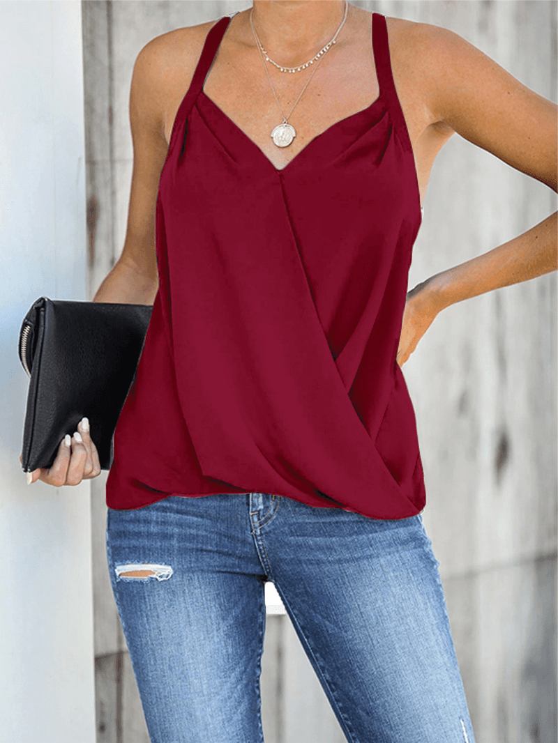 Casual Burgundy Halter V-neck Ärmlös Front Cross Elegant Linne