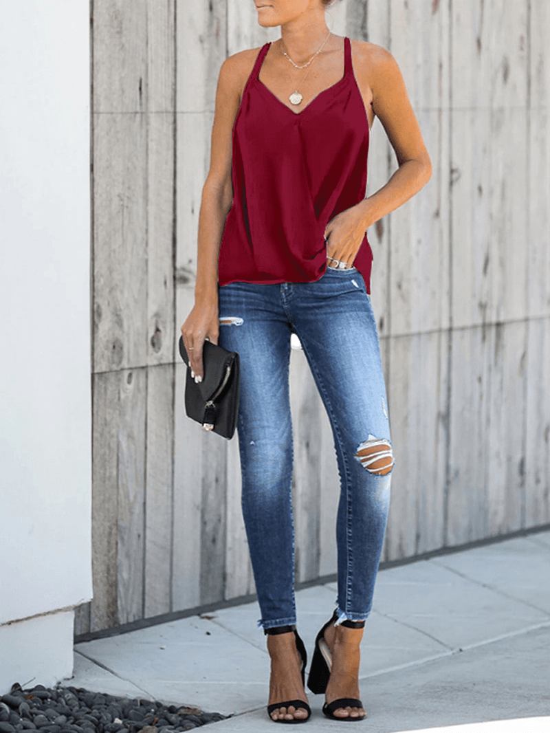 Casual Burgundy Halter V-neck Ärmlös Front Cross Elegant Linne