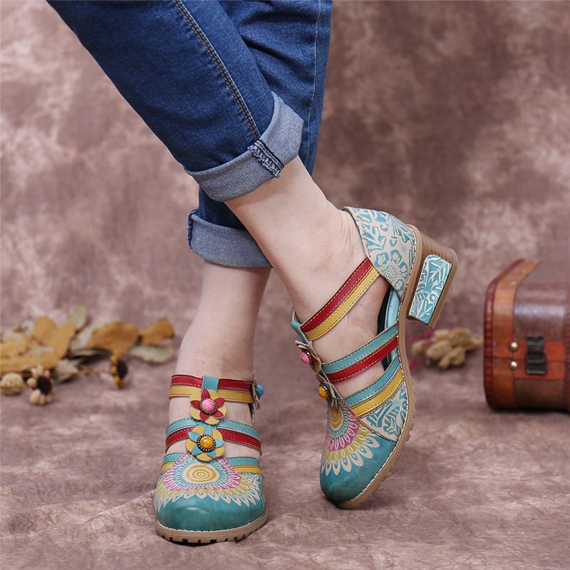 Bohemia Etnisk Stil Sömmar Präglade Beading Blommiga Chunky Heel Pumps