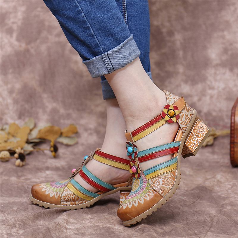 Bohemia Etnisk Stil Sömmar Präglade Beading Blommiga Chunky Heel Pumps