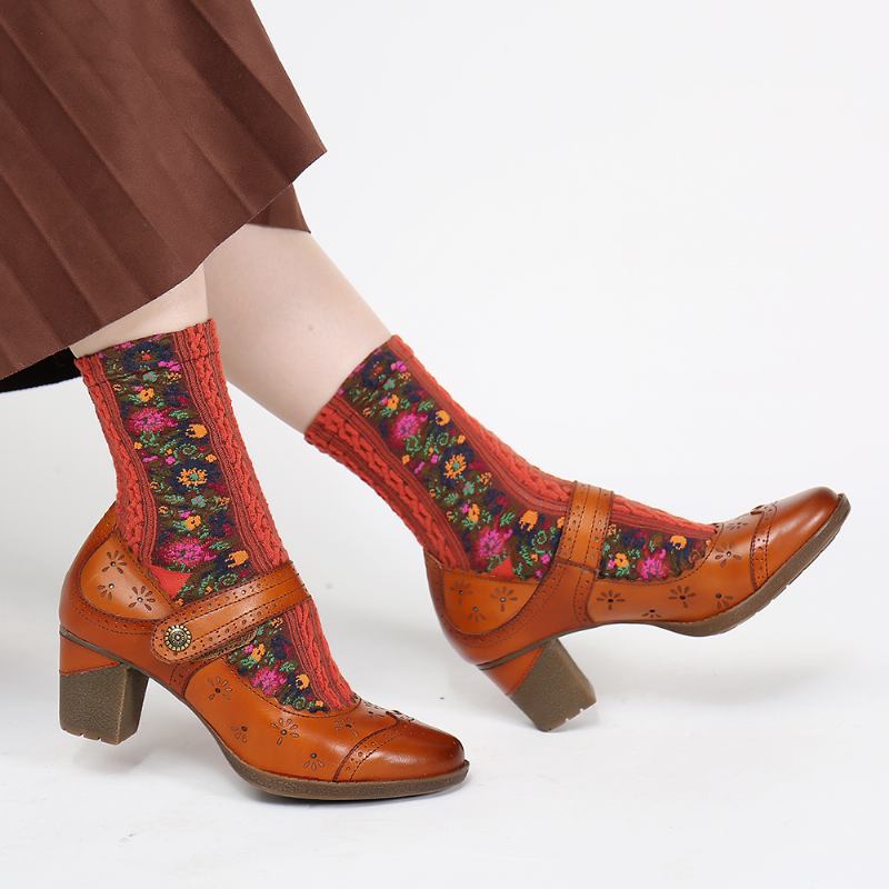 Damer I Äkta Läder Retro Hollow Elegant Spring Pumps