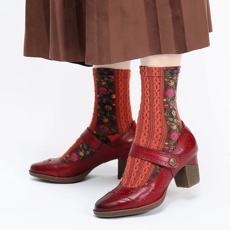 Damer I Äkta Läder Retro Hollow Elegant Spring Pumps
