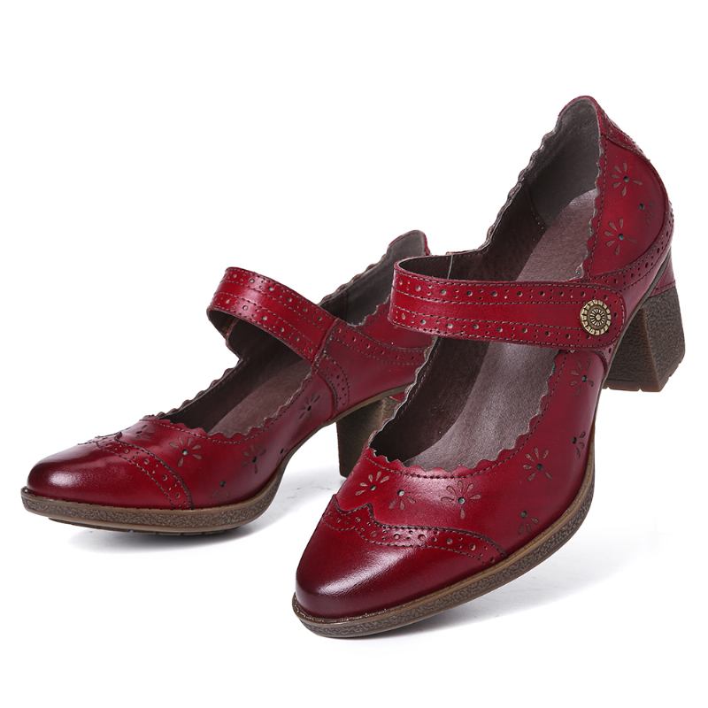 Damer I Äkta Läder Retro Hollow Elegant Spring Pumps