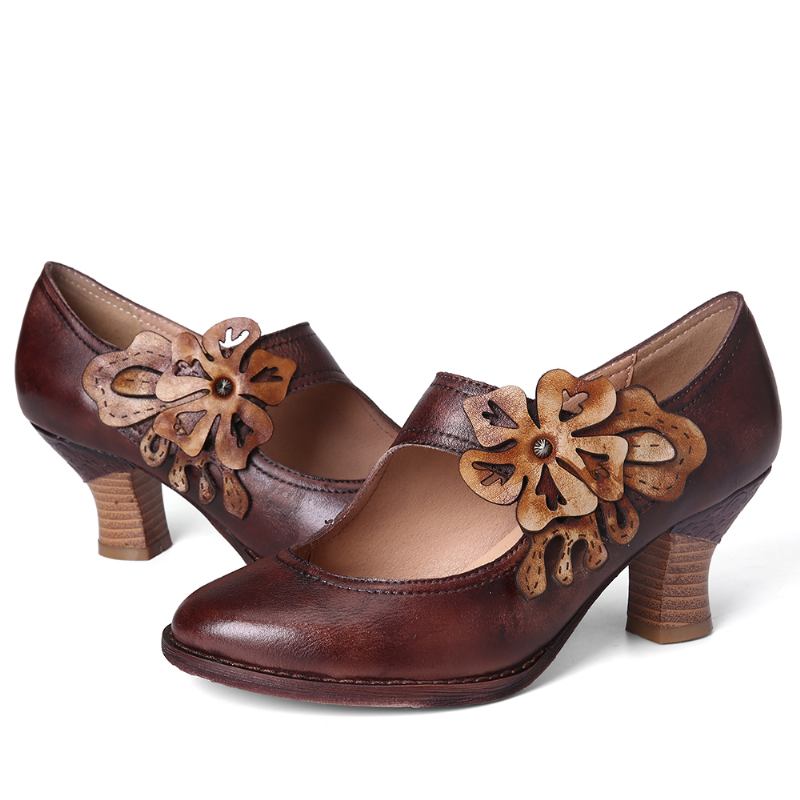 Kvinnor Blomsterdekoration Äkta Läder Retro Spring Pumps