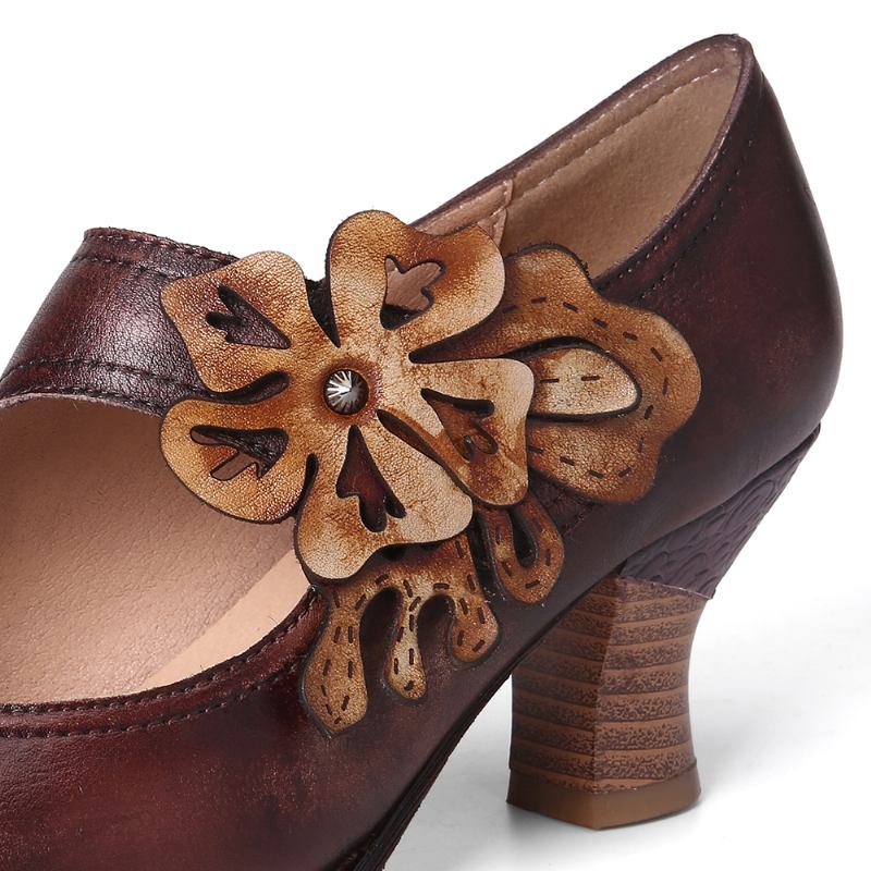 Kvinnor Blomsterdekoration Äkta Läder Retro Spring Pumps