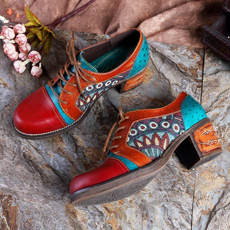 Kvinnor Bohemian Äkta Läder Jacquard Splicing Retro Chunky Heel Pumps