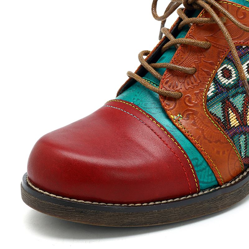 Kvinnor Bohemian Äkta Läder Jacquard Splicing Retro Chunky Heel Pumps