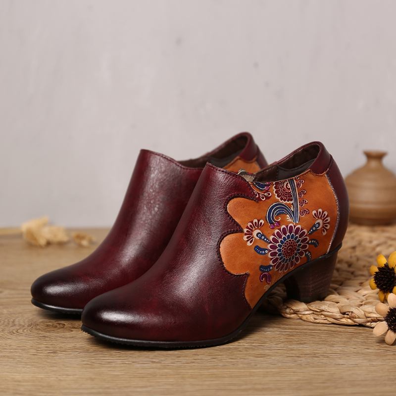 Kvinnor Handmålade Blommor Sömmar Läder Zipper Pumps