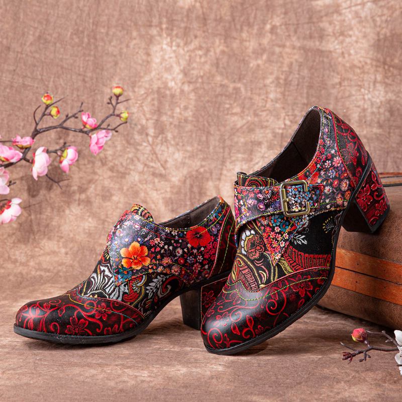 Kvinnor Retro Blommor Med Tryck Läder Mjuk Rund Tå Skulpterade Chunky Heels