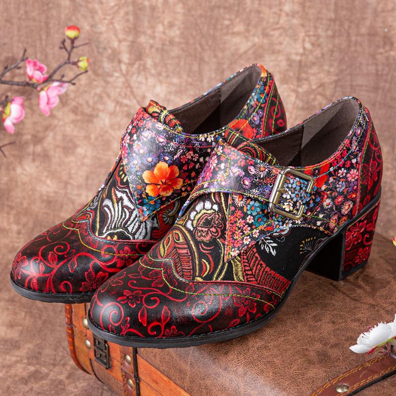 Kvinnor Retro Blommor Med Tryck Läder Mjuk Rund Tå Skulpterade Chunky Heels