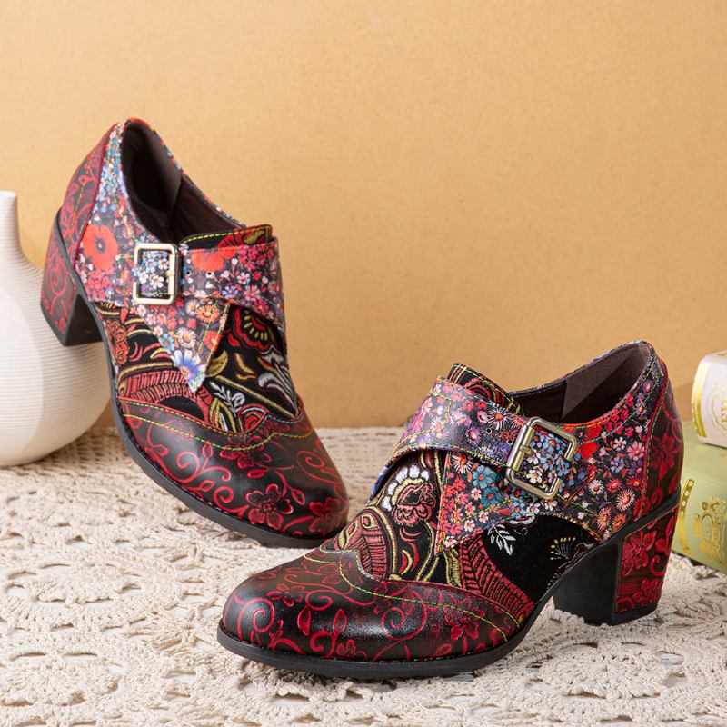 Kvinnor Retro Blommor Med Tryck Läder Mjuk Rund Tå Skulpterade Chunky Heels