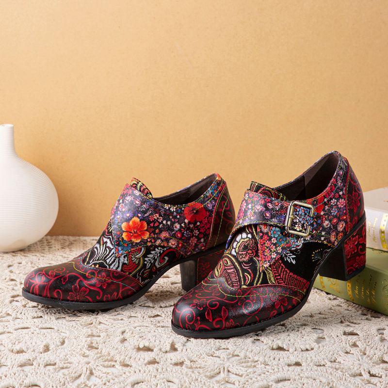 Kvinnor Retro Blommor Med Tryck Läder Mjuk Rund Tå Skulpterade Chunky Heels