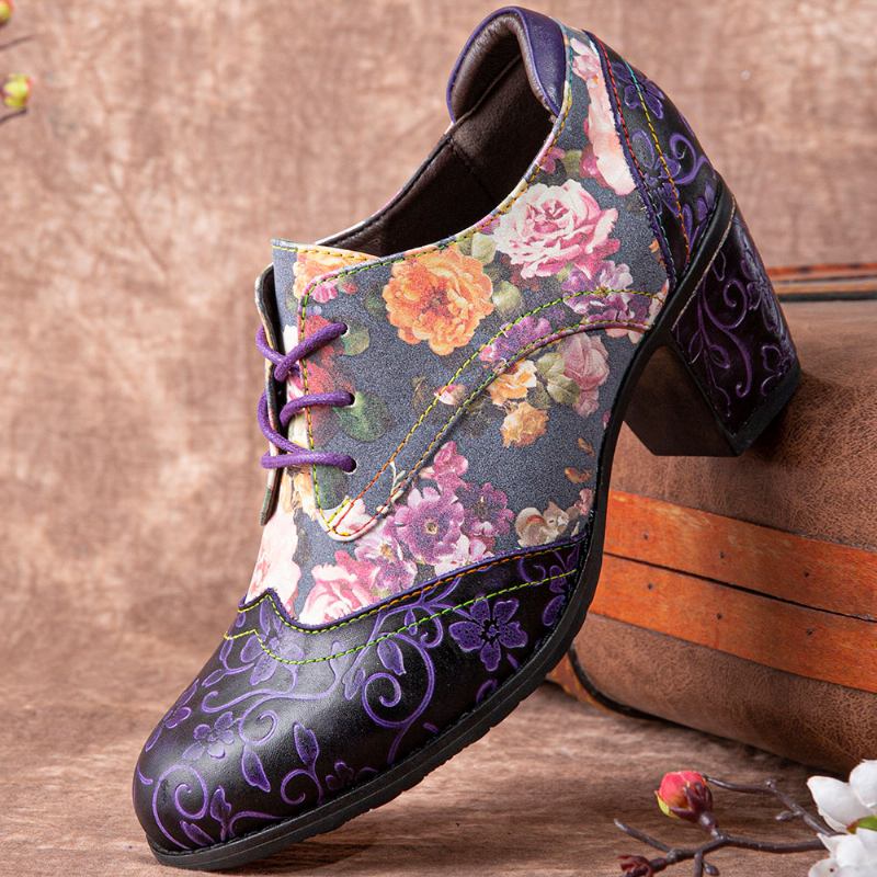 Kvinnor Retro Blommor Med Tryck Läder Splicing Mjuka Skulpterade Chunky Heels