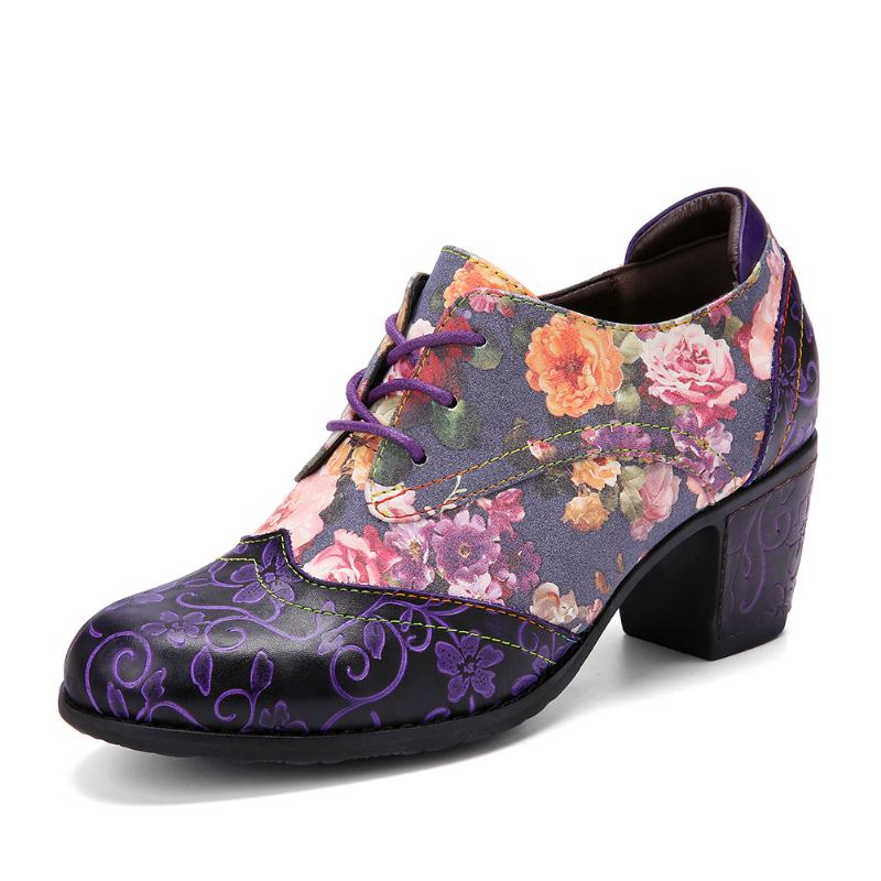 Kvinnor Retro Blommor Med Tryck Läder Splicing Mjuka Skulpterade Chunky Heels