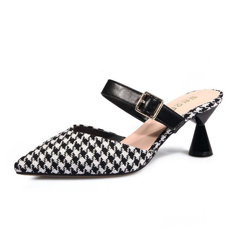 Kvinnor Retro Elegant Lattice Mönster Spetsig Tå Backless Cone Heel Shoes