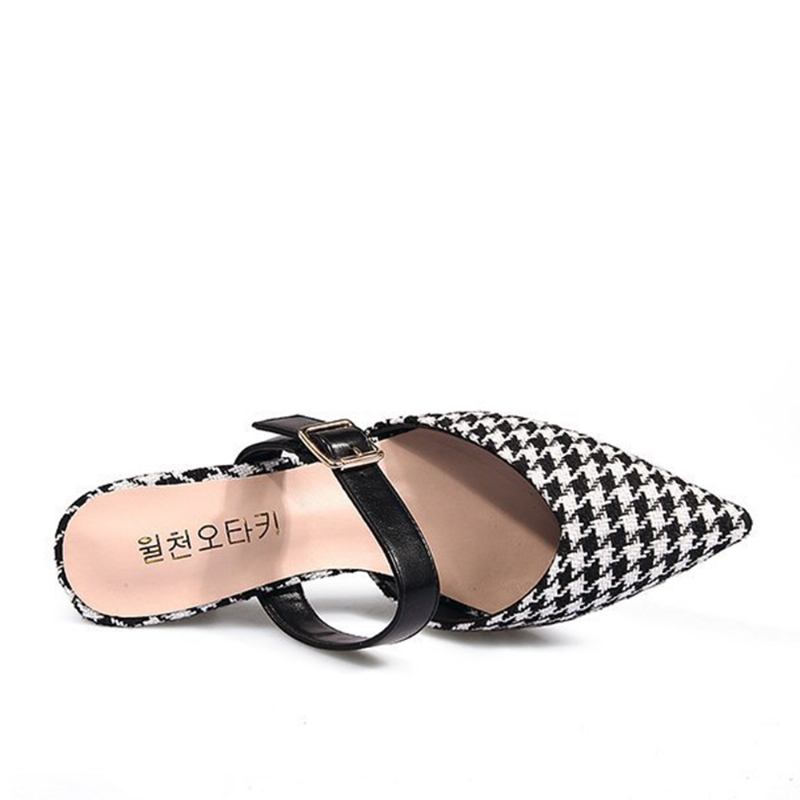 Kvinnor Retro Elegant Lattice Mönster Spetsig Tå Backless Cone Heel Shoes