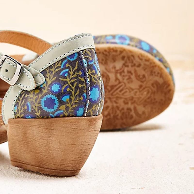 Kvinnor Tryckta Rund Tå Ankelrem Block Häl Casual Klackar Pumps