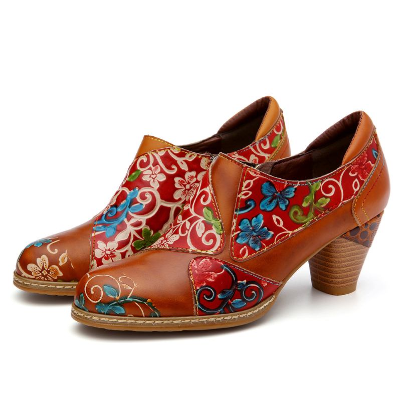 Läder Blommor Skarvsömmar Dragkedja Chunky Heel Pumps Dress Shoes