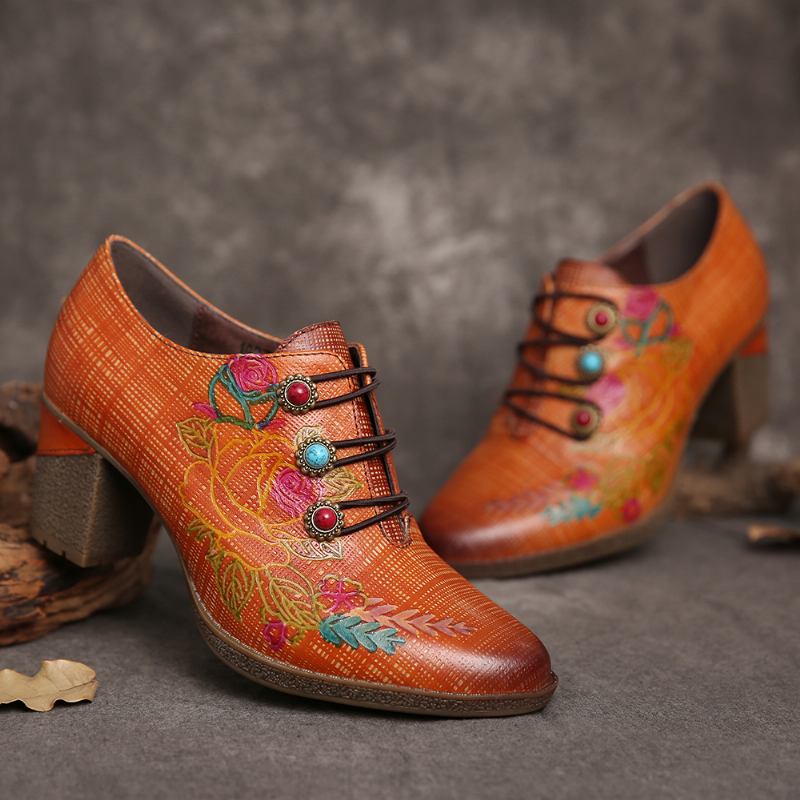 Läder Pläd Pärlstav Blommor Elastiska Strings Block Heel Pumps Klänning Skor