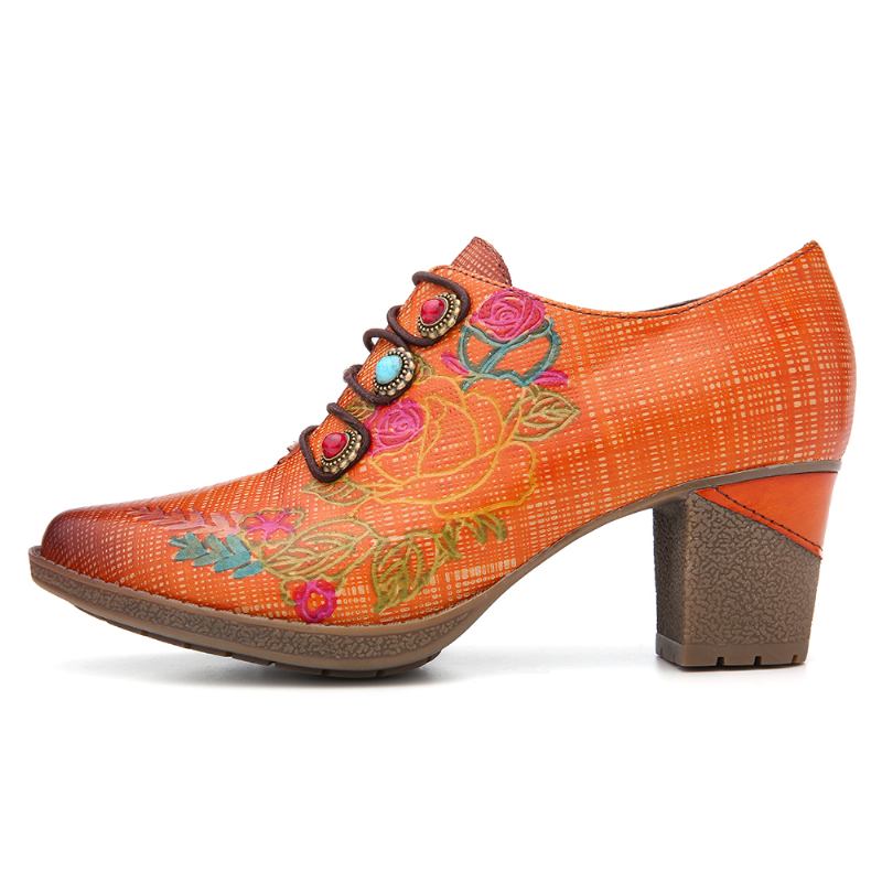 Läder Pläd Pärlstav Blommor Elastiska Strings Block Heel Pumps Klänning Skor