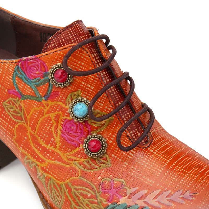 Läder Pläd Pärlstav Blommor Elastiska Strings Block Heel Pumps Klänning Skor