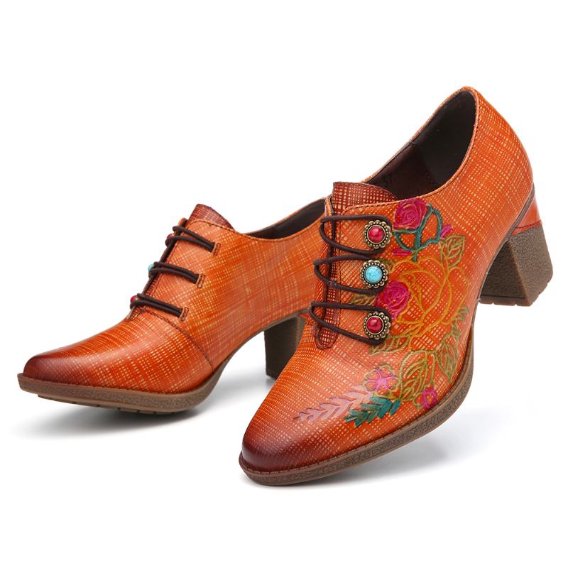Läder Pläd Pärlstav Blommor Elastiska Strings Block Heel Pumps Klänning Skor
