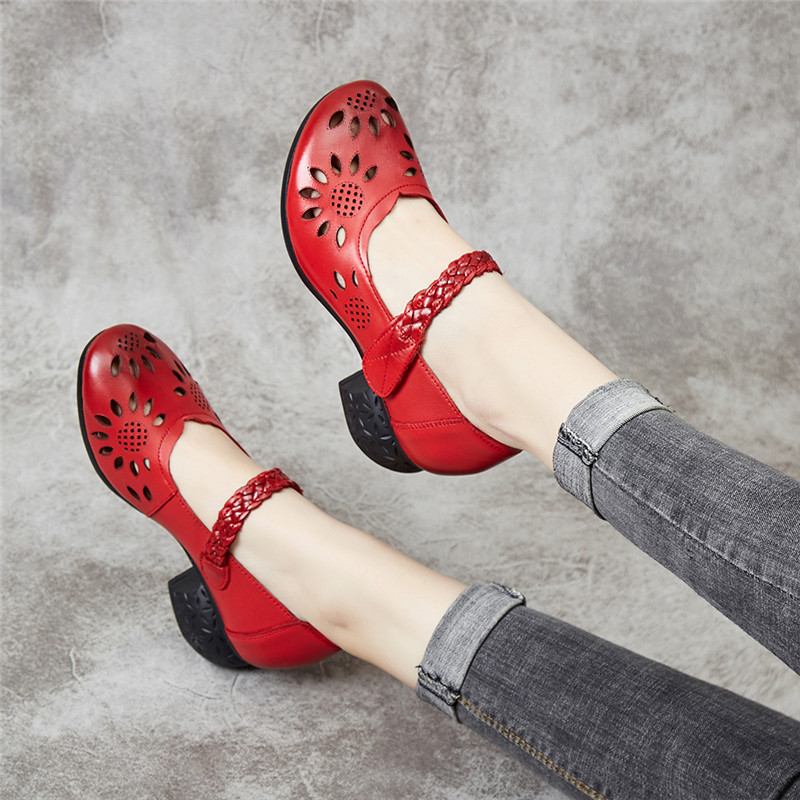 Läderutskärning Floral Flätad Justerbar Ankelrem Chunky Heel D'orsay Pumps