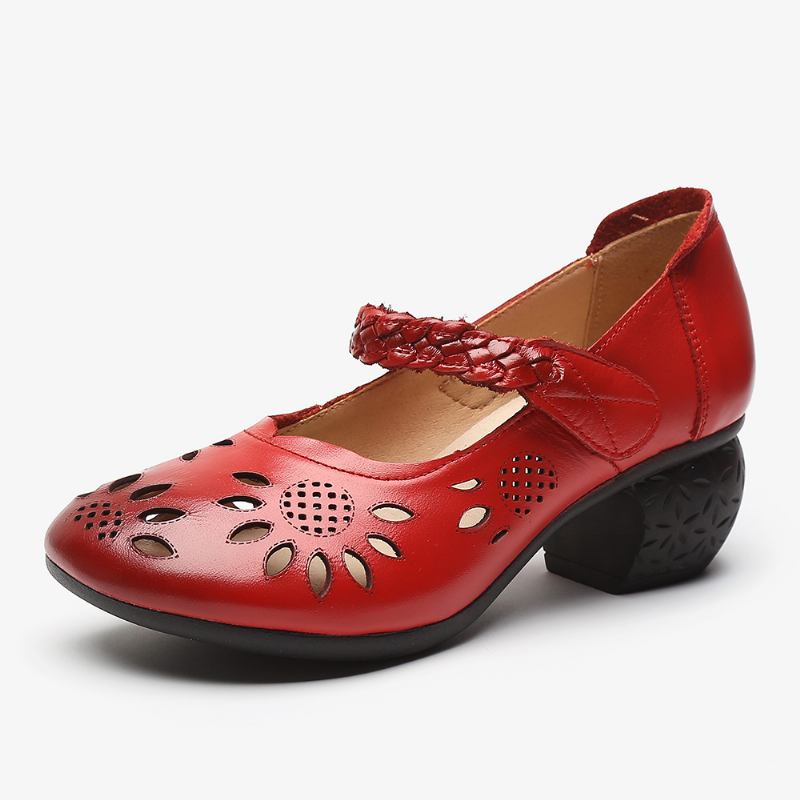 Läderutskärning Floral Flätad Justerbar Ankelrem Chunky Heel D'orsay Pumps