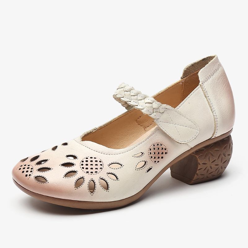 Läderutskärning Floral Flätad Justerbar Ankelrem Chunky Heel D'orsay Pumps