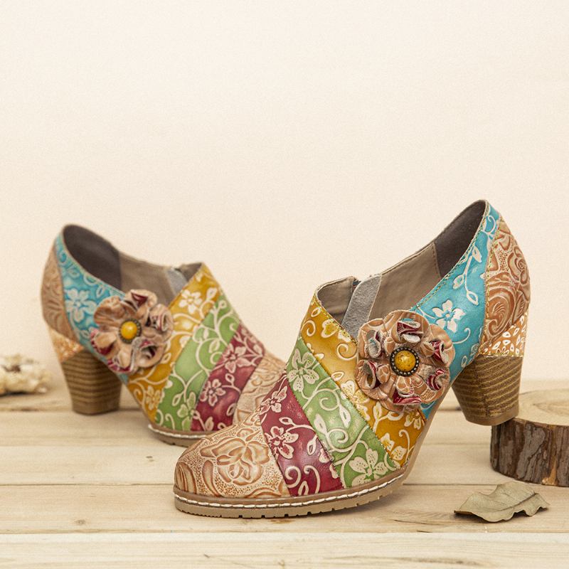 Retro Blommig Läder Splicing Dragkedja Chunky Heel Pumps Dress Shoes