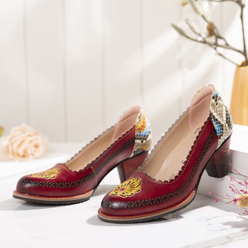 Retro Blommor Äkta Läder Slip On Sequin Heel Pumps