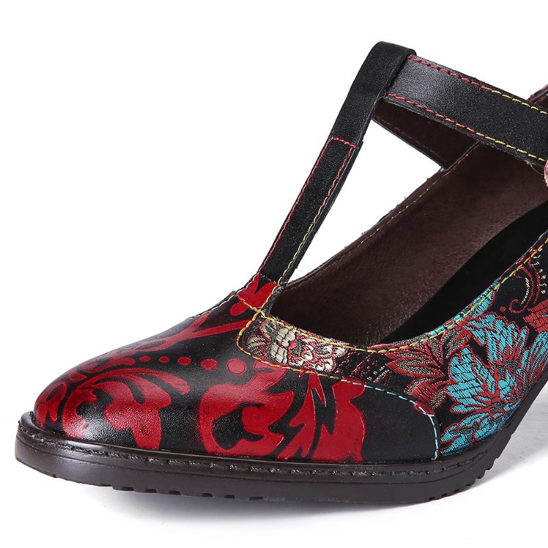 Retro Blommor Broderi Blommor Läder Låg Klack T-band Krokögla Pumpar