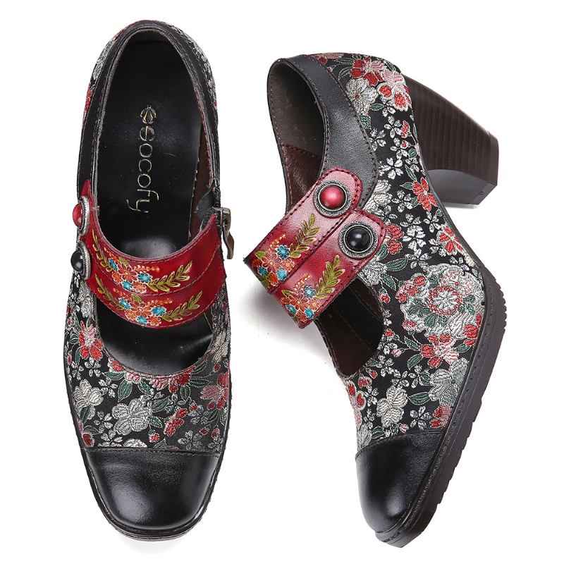 Retro Blommor Med Tryck Bead Spänne Rem Äkta Läder Låg Klack Zipper Pumps